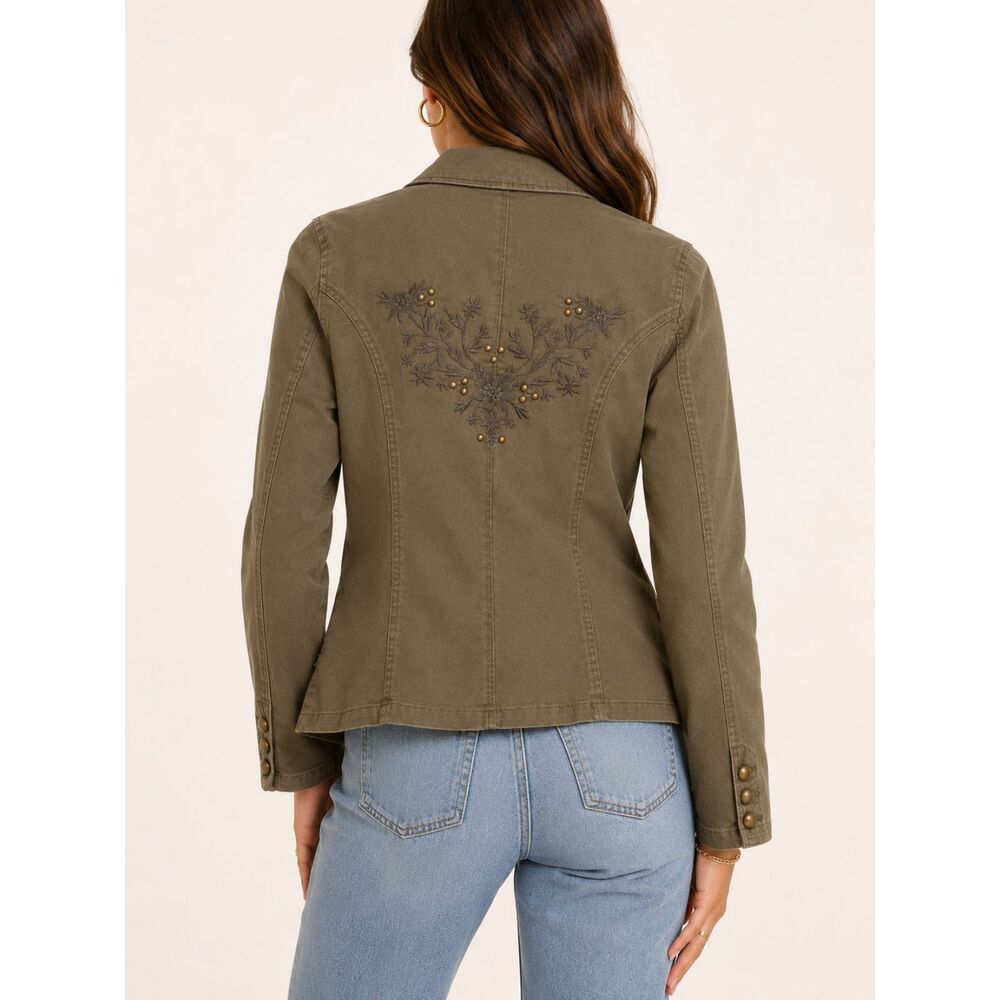 Y2K Faded Glory Olive Military Blazer Womens 8 Embroidered Utility Fall Jacket